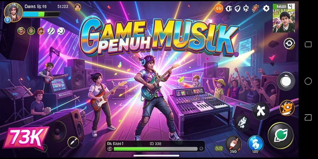 Screenshot gameplay 73K menampilkan tantangan musik yang menarik.