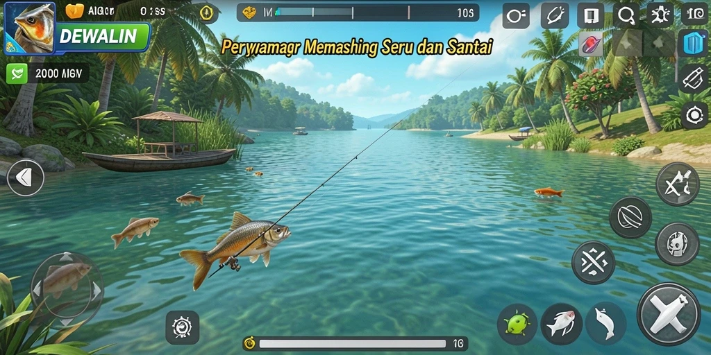 Tampilan gameplay <strong>DEWALIN</strong> yang menampilkan suasana memancing yang realistis.