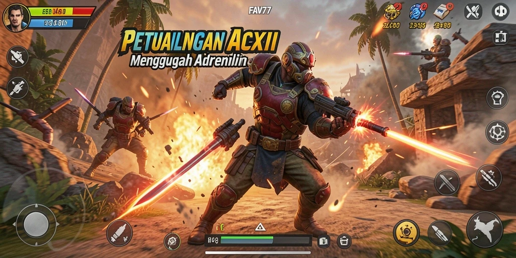 Screenshot FAV77 menampilkan aksi seru dengan karakter bertarung.