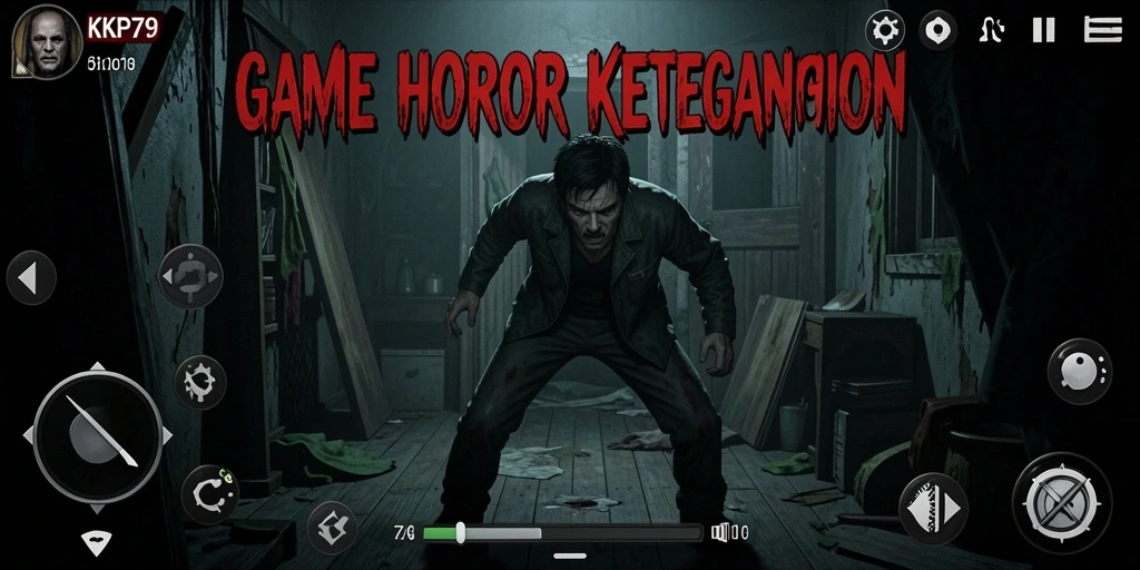 Screenshot gameplay KPK79 menampilkan suasana horor yang mencekam.