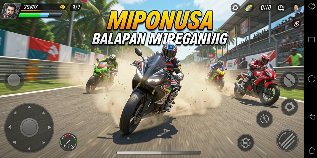 Screenshot gameplay MPONUSA menampilkan balapan motor yang mendebarkan.