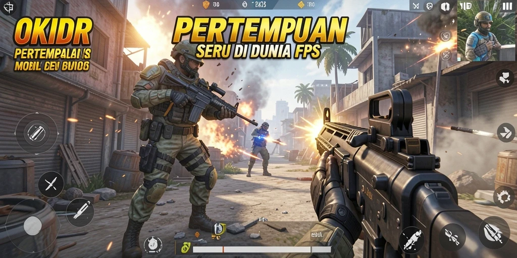 Screenshot utama OKIDR menampilkan seorang karakter dalam aksi menembak di medan perang FPS.
