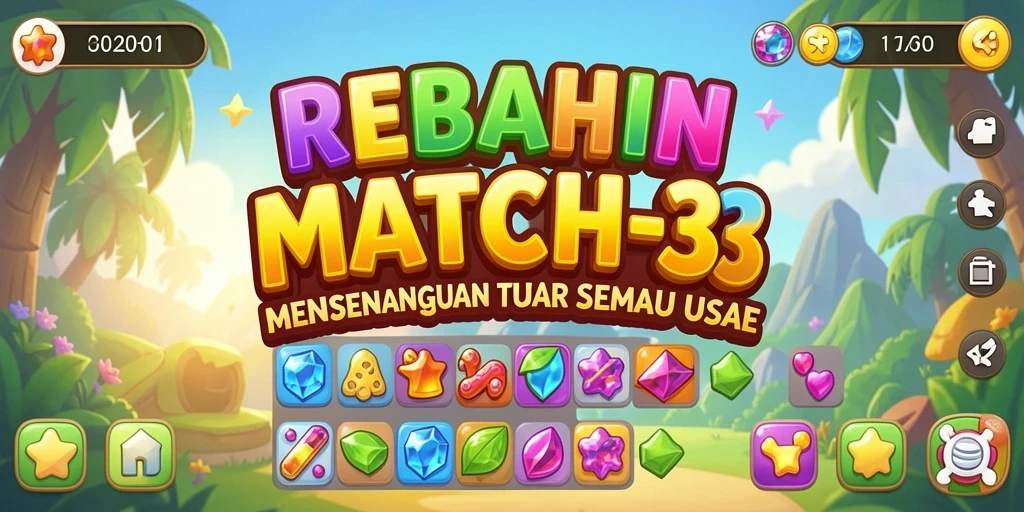 Tangkapan layar utama REBAHIN menampilkan aksi mencocokkan buah yang seru.